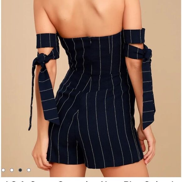 J.O.A. Sunny Sensation Navy Blue Striped Off-the-Shoulder Romper Med - Picture 2 of 8